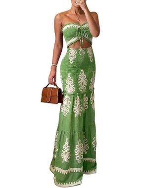 Women's Baroque Green Floral Printed Halter Tie Ruched Shirred Ruffle Hem Dress